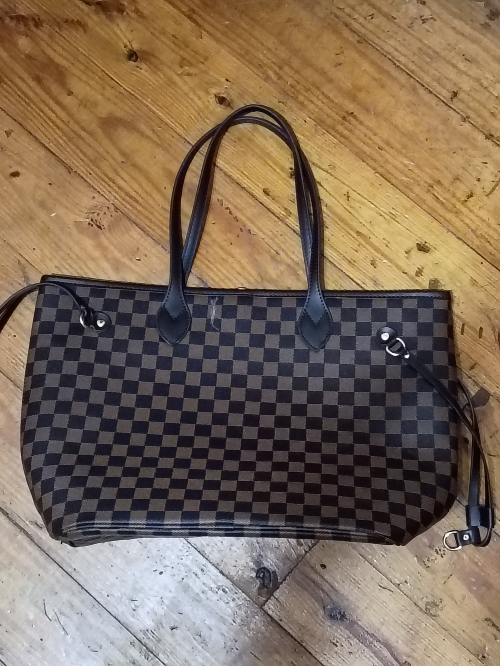 Brown Checked Tote Bag with Wristlet - Picture 4 of 8